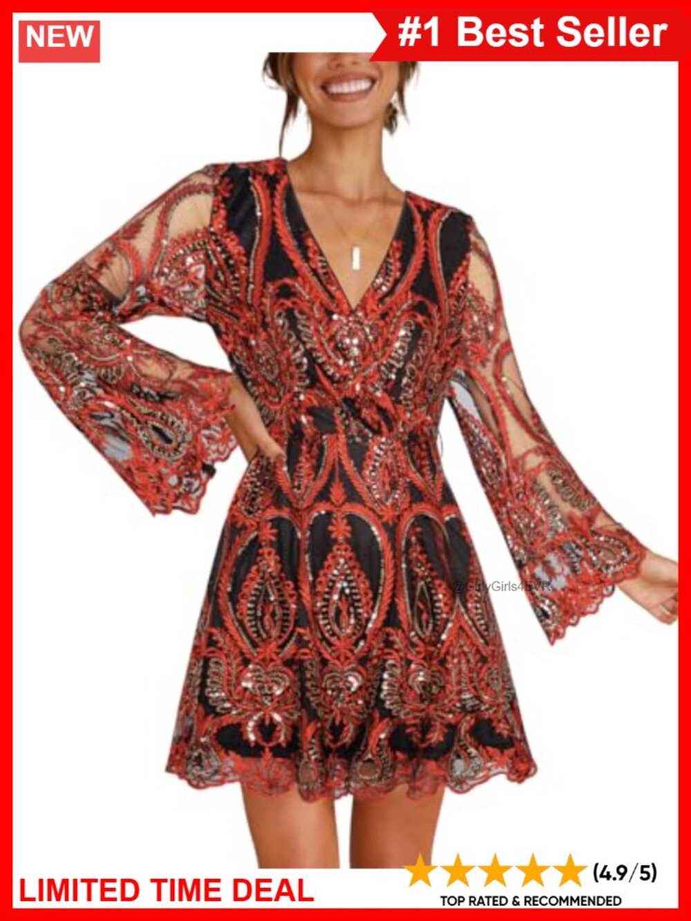 Sequin Long Sleeve Deep V Neck Mini Skater Dress Event Cocktail Party